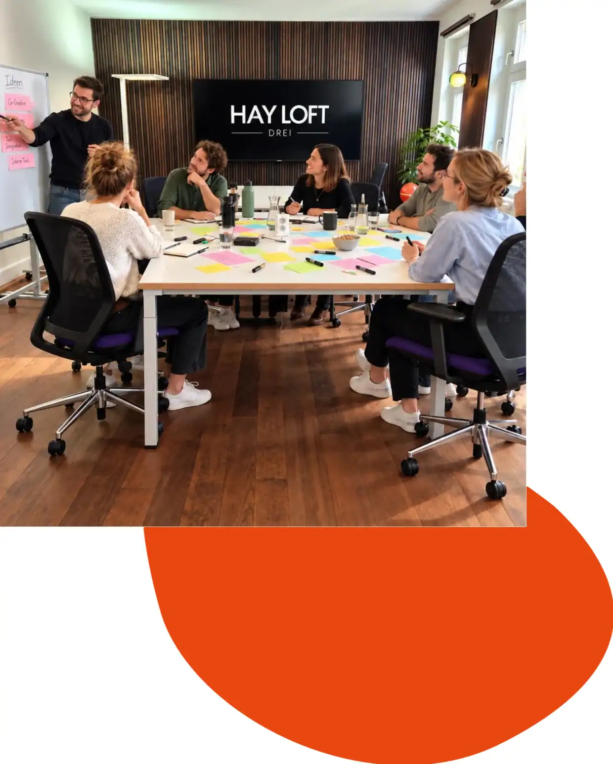Teilnehmer bei einem moderierten<br />
Teamworkshop im HAY LOFT 3 in Hamburg mit Whiteboard und<br />
großem Arbeitstisch